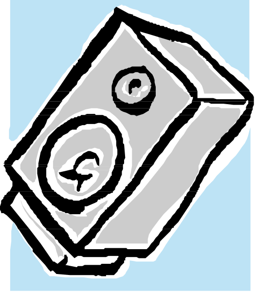 The image shows a black and white cartoon of an envelope with money inside it on top of what appears to be water.