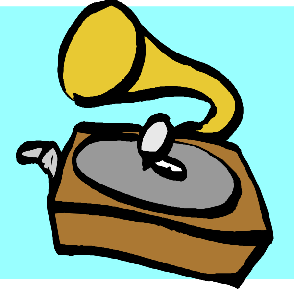 The image shows a cartoon depiction of an old record player with a gold tone arm on top of it resting against a wooden box that has "record" written in white letters across its side.