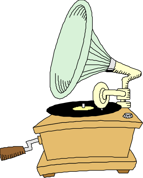 The illustration shows a vintage phonograph with an old-fashioned horn speaker on top of it placed next to what appears to be a wooden box that could serve as storage for records; there is also a small, simple drawing of a record player needle and tonearm above the turntable.