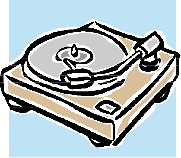 The image shows a cartoon of an old record player with two records on it placed atop what appears to be a wooden box or crate against a blue background.