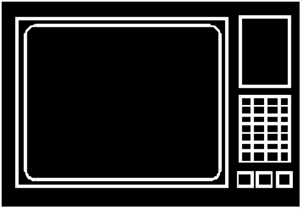 The black and white pixelated image shows a kitchen scene with an old microwave oven on top of it is a small television set displaying static; to its right stands a refrigerator-freezer combo, both appliances appear worn out due to their age or condition.