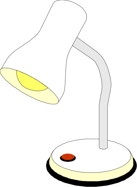 The image shows a white desk lamp with an adjustable arm on top of what appears to be a small table or stand in front of it.