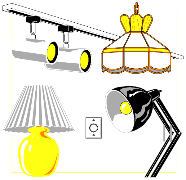The black background features a collection of lighting fixtures including lamps with different designs such as floor lamp, table lamp, wall sconce; spotlights on stands; track lights hanging from ceiling; chandelier and pendant light fixture in center; yellow vase to right side bottom corner.