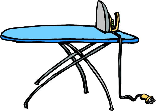 The image shows a cartoon of an ironing board with wheels on top placed next to it is a blue foldable clothes dryer.