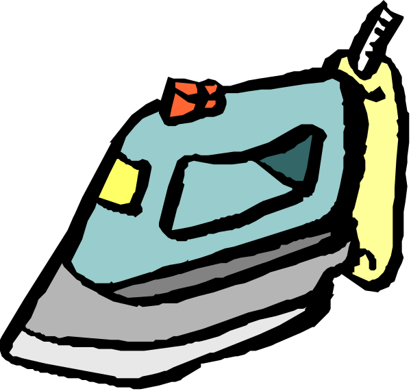 The image shows a cartoon of an ironing machine with two irons on it; to its right is another smaller clip-art drawing that appears to be a pair of scissors lying flat next to each other, and below them there's what looks like a small piece of paper or fabric.
