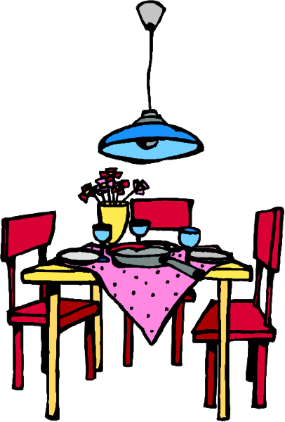 The illustration shows a dining room with a table set for two featuring red chairs around it; there is an overhead light fixture above the table, which has three lights on one side of its pole structure.