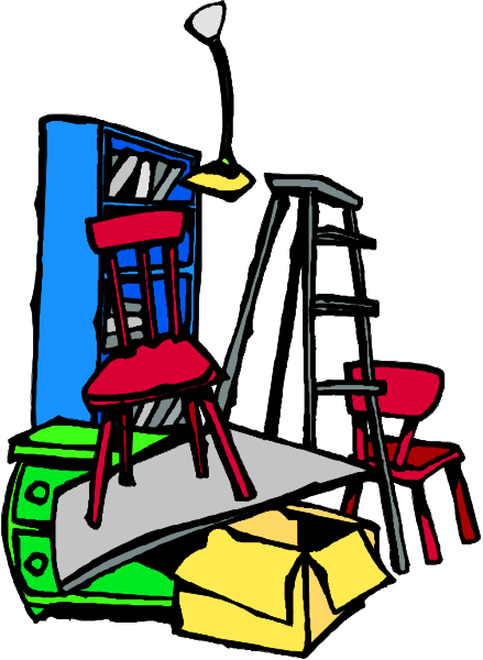 The illustration shows a pile of furniture including chairs stacked on top of each other with ladders leaning against them in front of what appears to be an old-fashioned desk lamp; there is also some clutter and boxes around, suggesting disorganization or moving activity.