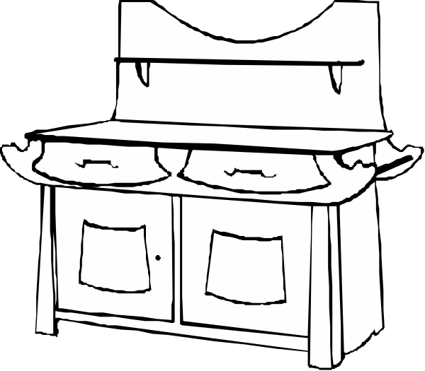 The black and white illustration shows a cartoon kitchen with an open drawer revealing two drawers inside; above it is a small window-like structure that appears to be part of a larger object resembling furniture, possibly indicating some sort of cabinetry design or concept art for interior decorating.