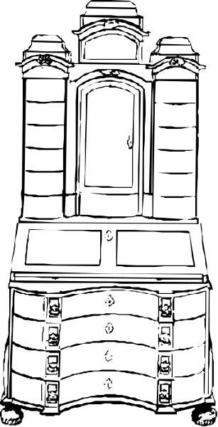 The black and white illustration shows a large wooden cabinet with multiple drawers on top of it against an unadorned wall in what appears to be a room without any other furniture visible.