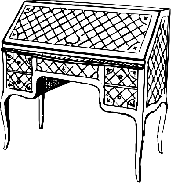 The black and white illustration shows a traditional wooden desk with drawers on top of it to its left side against a dark background; next to this is another image showing only one leg from an antique-style table, which appears as if cut off by cropping or editing software.
