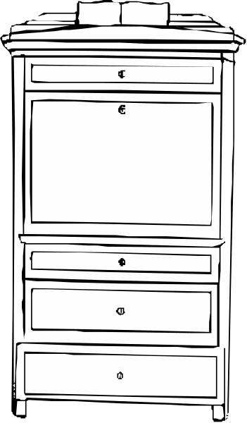 The black and white illustration shows a simple wooden dresser with two drawers on top of each other against an unadorned wall background.