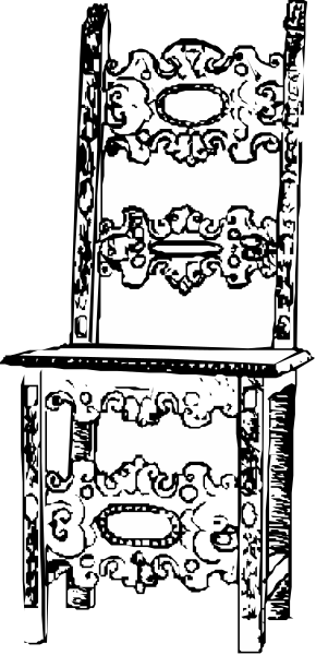 The black and white photo shows a chair with intricate designs on its backrest placed against an unidentifiable background that is out of focus.