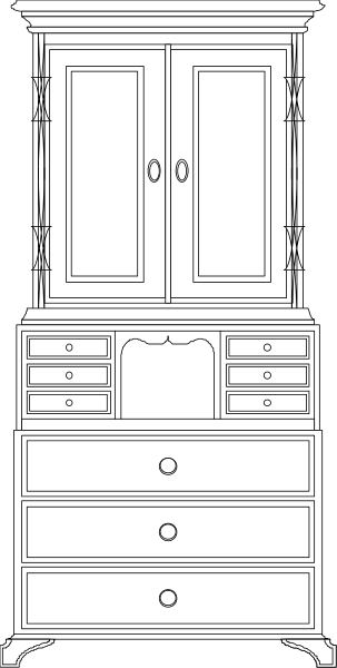 The image shows a simple line drawing of an antique wooden dresser with drawers on both sides against a plain background.