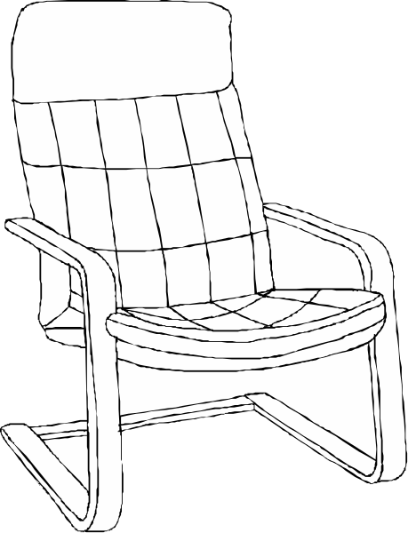 The black and white illustration shows a simple chair with armrests against an unseen background.