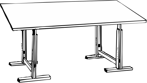 The black and white illustration shows a simple wooden table with two legs on top of each other against an untextured background.