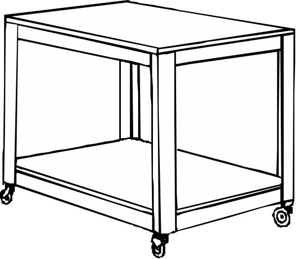 The black and white illustration shows a simple wooden table with four legs on wheels against an unadorned background.