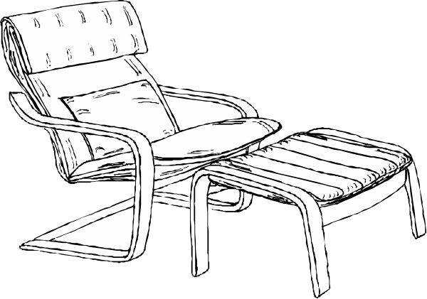 The black and white illustration shows two chairs facing each other with a couch between them on what appears to be an outdoor patio area at nighttime.