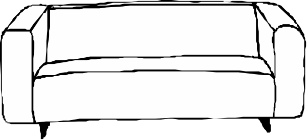 The black and white line drawing shows a couch with two cushions on it against an unadorned background.