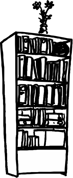The black and white photo shows a tall bookshelf filled with various items on it.