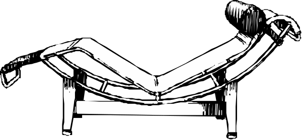 The black and white illustration shows a person sitting on an armchair with their legs crossed atop another chair that is placed in front of them.