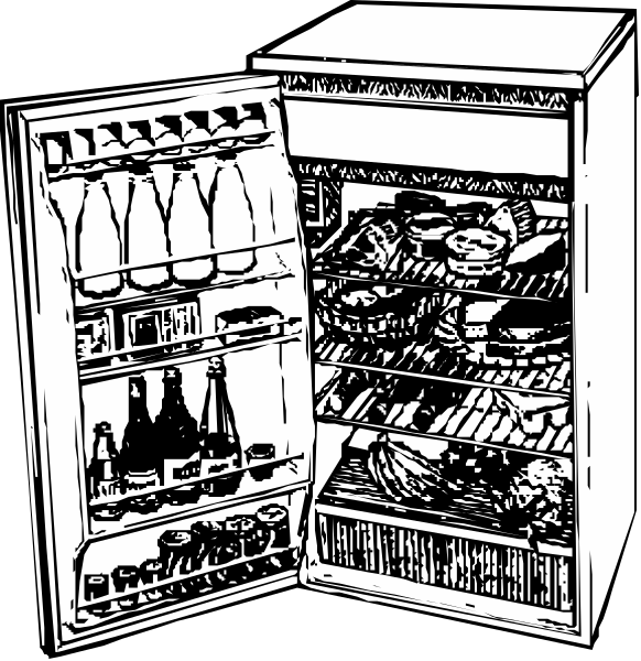 The black and white illustration shows two images of a refrigerator with its door open revealing various food items inside; on top is an image showing bottles in front of it while below displays multiple cakes arranged neatly, suggesting that someone has just returned from shopping or preparing to stock up for guests.