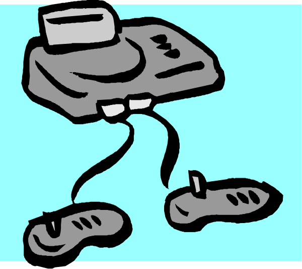 The image shows a cartoon of an old video game console with two controllers hanging from it on what appears to be a blue background.