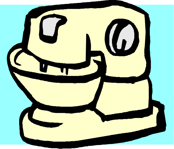 The black and white cartoon shows a yellow robot with an open mouth sitting on top of what appears to be a blue surface in front of another object that resembles a toilet bowl lid.