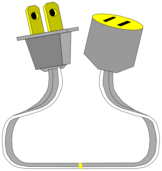 The image shows a black plug with two yellow connectors inserted into it on either side of an electrical outlet symbolized by three parallel lines representing power cords connected to each other in front of them against a dark background, and below is another similar but smaller picture showing only one connector being used.