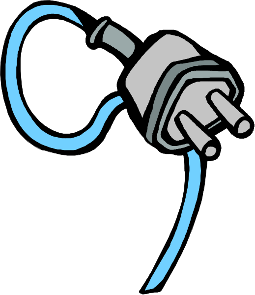 The image shows a blue electrical cord plugged into an outlet with two prongs on either side of it.