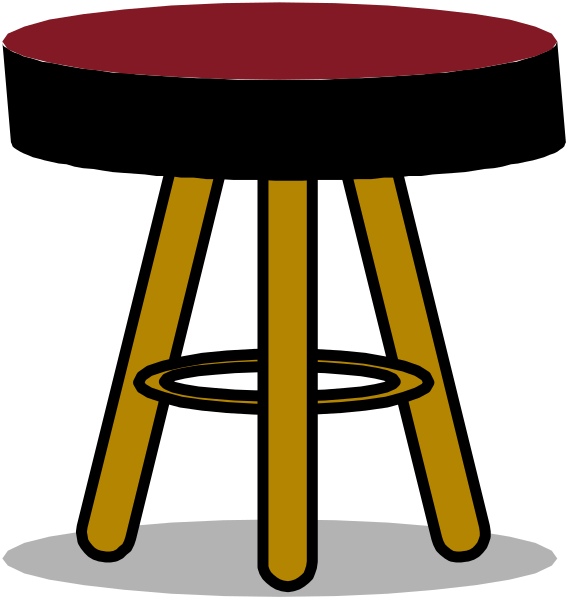 The image shows a stool with two different designs: on top of it is an illustration of a barstool featuring four legs connected by circular rings; below that depiction is another design showing three straight, vertical supports forming a triangular base for what appears to be a table or countertop.