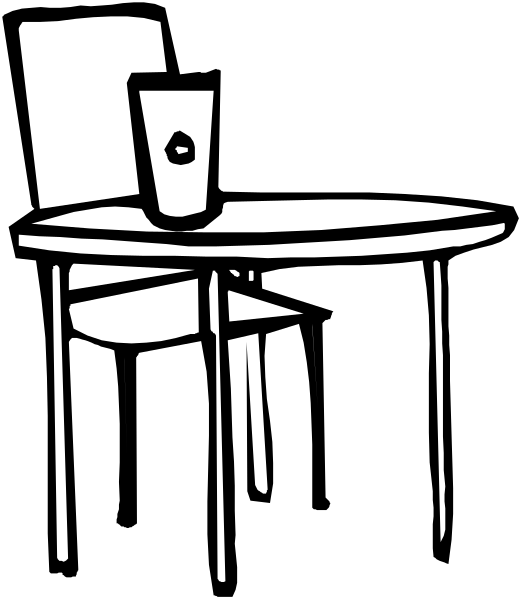 The black and white illustration shows a simple scene with an empty chair at a table next to it on what appears to be a dark background.