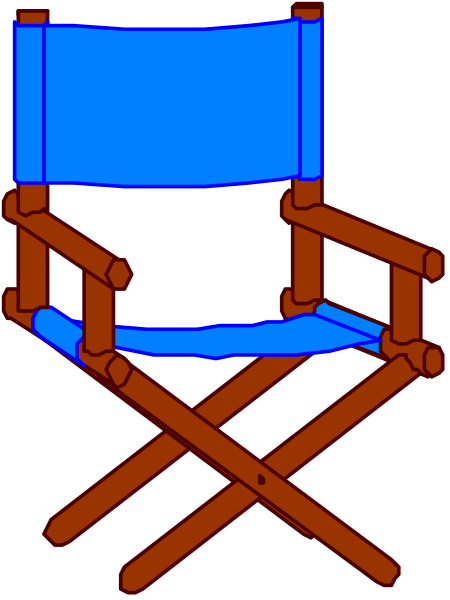The image shows a blue director's chair with an attached wooden armrest on top of it.