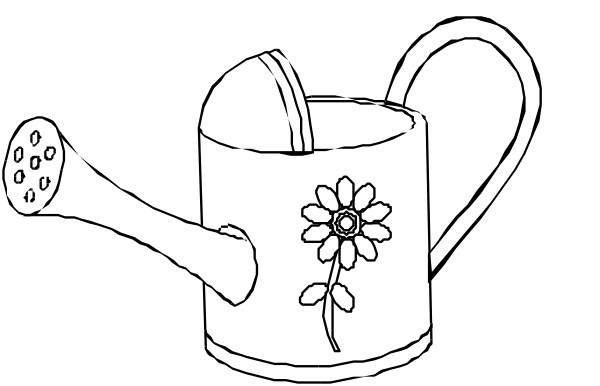 The black and white illustration shows a watering can with flowers on it next to an old fashioned teapot that has tea leaves inside of it.
