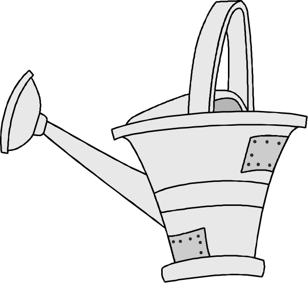 The black and white illustration shows a watering can with two spouts on top of it, positioned as if pouring out liquid from one side to another while standing upright in front of an unseen object that is being filled by this action.