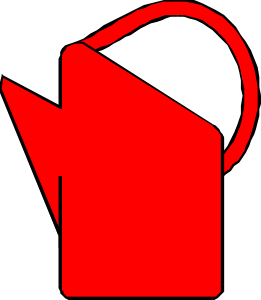 The image shows a red watering can with an open spout on top of it against a white background.
