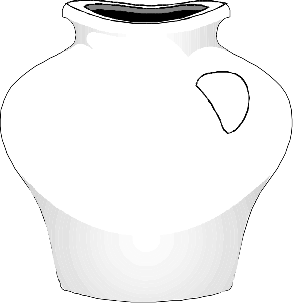 The image shows two vases side by side: a large white ceramic urn with an opening on top to its left; next to it is another smaller black pot that appears damaged due to being broken in half, showing both interior and exterior surfaces of one piece. There's no text or additional context provided within the clip-art image itself. The style suggests simplicity without any artistic embellishments beyond what can be described as a straightforward representation of two vases with different states of completeness.
