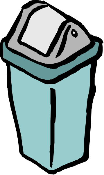 The image shows a blue trash can with an open lid next to it on its side is a white piece of paper that appears crumpled up as if discarded waste.