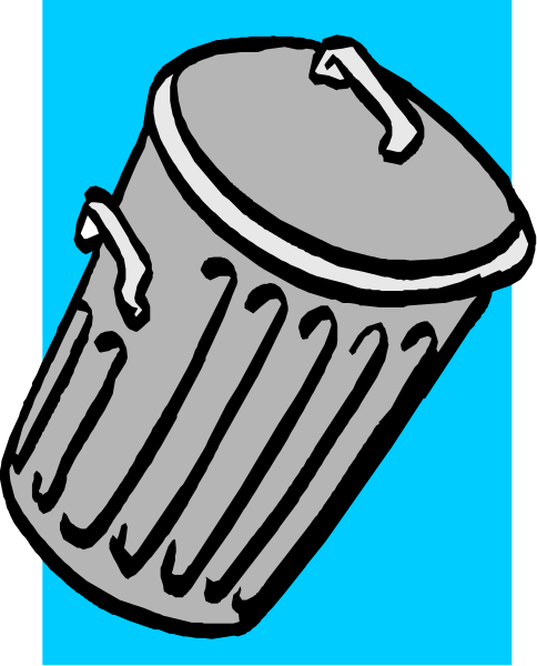 The image shows a gray trash can with vertical ridges on its sides against a blue background.