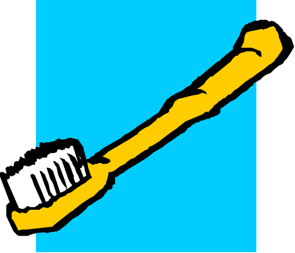 The image shows a blue background with two cartoon toothbrushes on it: an orange one that is upright and has bristles pointing upwards to its right side; and another yellow one lying horizontally, positioned above the first brush but slightly overlapping in color due to perspective distortion.