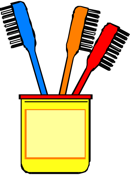The image shows a cartoon of three toothbrushes with different colored bristles inside an open yellow container that has red handles on it against a black background.
