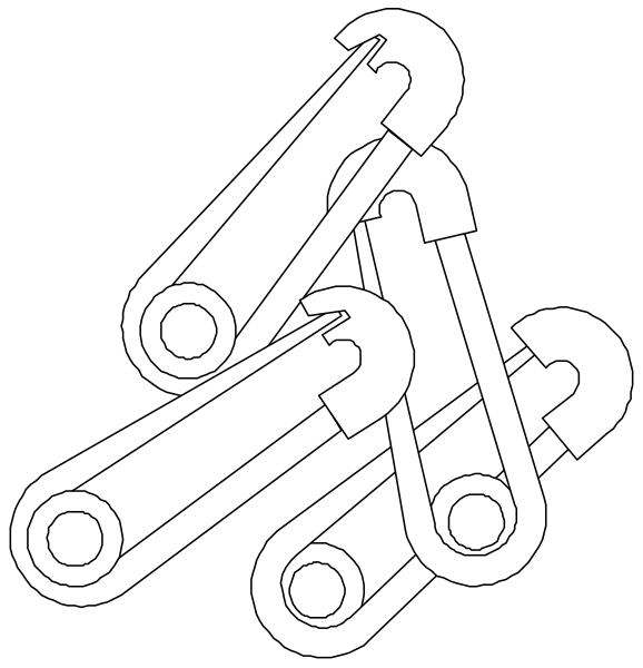 The black and white images show a sequence of four paper clips arranged to resemble an open book with pages facing outward; each clip has two metal loops connected by a central loop that forms part of its structure, creating a three-dimensional effect when viewed from above or below.