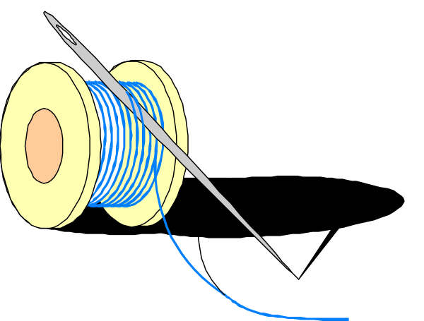 The image shows a spool of thread with two needles on either end passing through it against a black background.