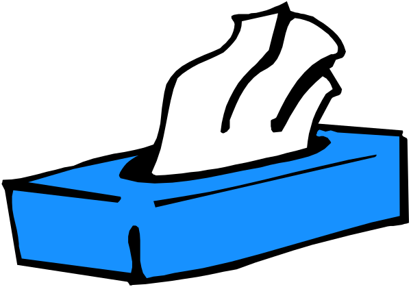 The black and white illustration shows a box of tissues with an open flap revealing two tissue sheets inside; above it is a small boat on water that appears to be sinking due to its tilted position, suggesting distress at sea.