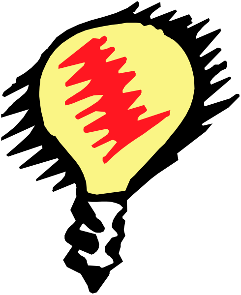 The image shows a cartoon of an upside down light bulb with red lines emanating from it against a black background.
