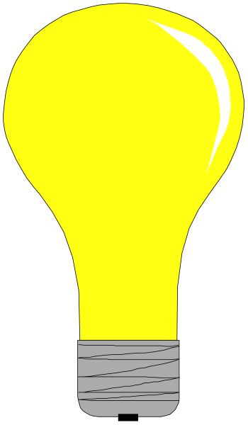 The image shows a yellow light bulb with an exposed filament inside it against a black background on its left side; there is no visible text in this clip-art illustration.