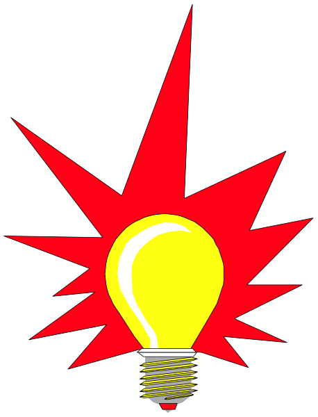 The image shows a cartoon of an exploding light bulb with red sparks around it against a black background.