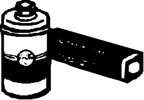 The black and white illustration shows two cans with a face on each side placed next to an object that resembles a bottle of glue in front of them against a dark background.