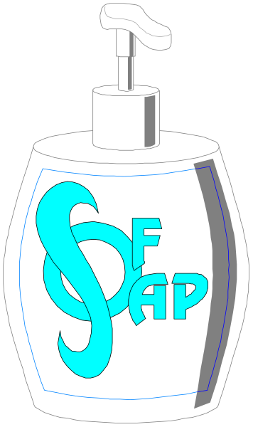 The image shows a soap dispenser with text on it that reads "SAP" above an illustration of hands washing under running water faucets.