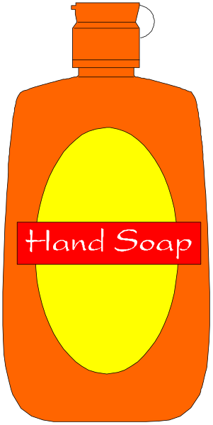 The image shows a bottle of hand soap with an orange label that has text on it reading "handsoap."