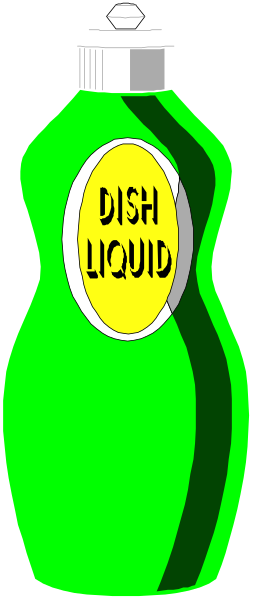 The image shows a bottle of dish liquid with green labeling that has been digitally altered to have an exaggeratedly long neck in front view against a gray background.